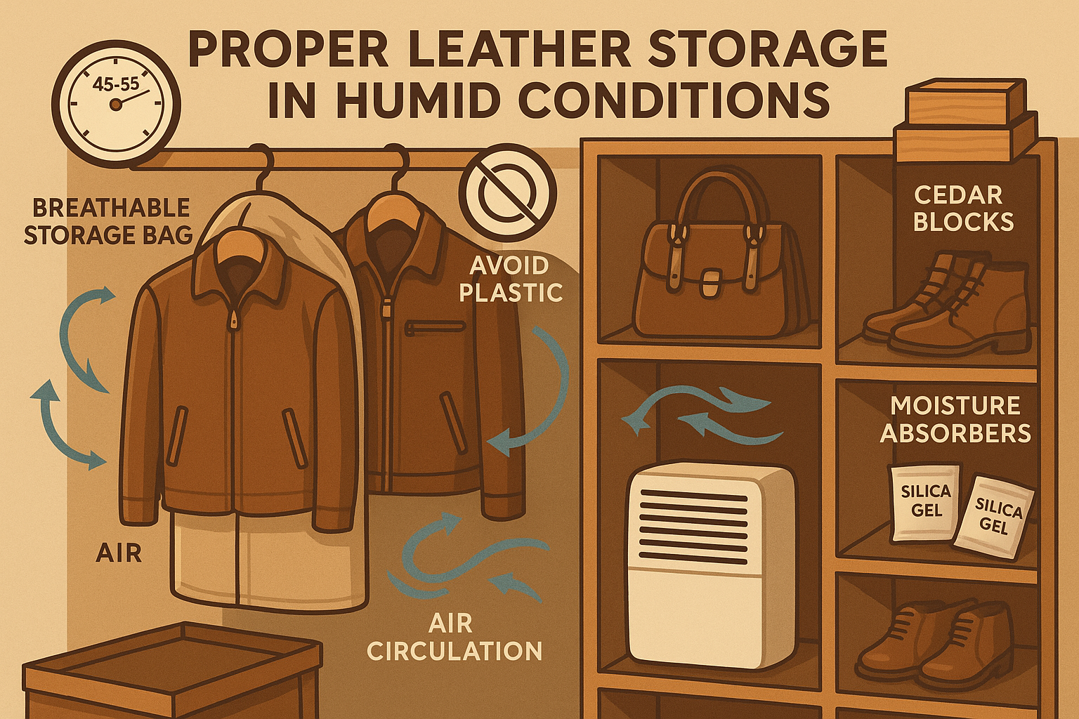 Odor prevention when storing leather in humid spaces